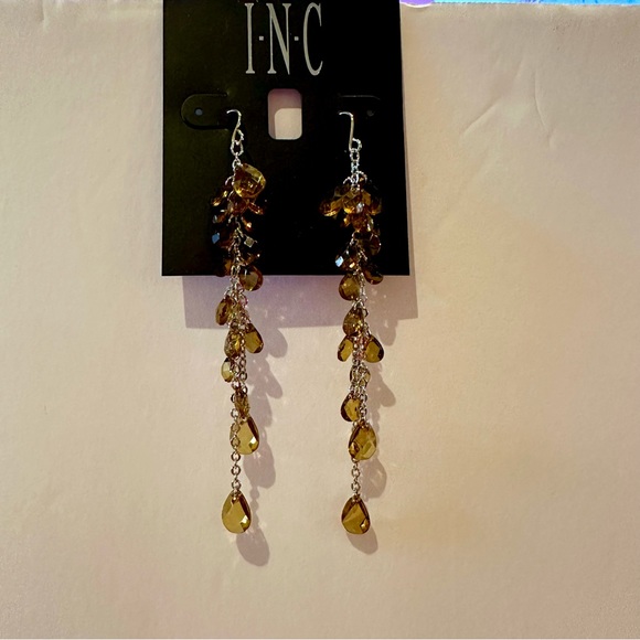 NWT INC Earrings silver tone chain Dangle, long with brown faceted crystal beads - Picture 3 of 7